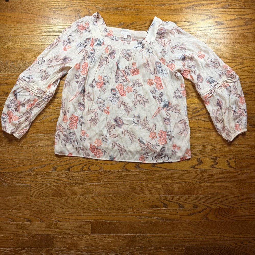 Floral Blouse Cottagecore‎ Womens XXL Bird Print Square Neck Pintuck Cream